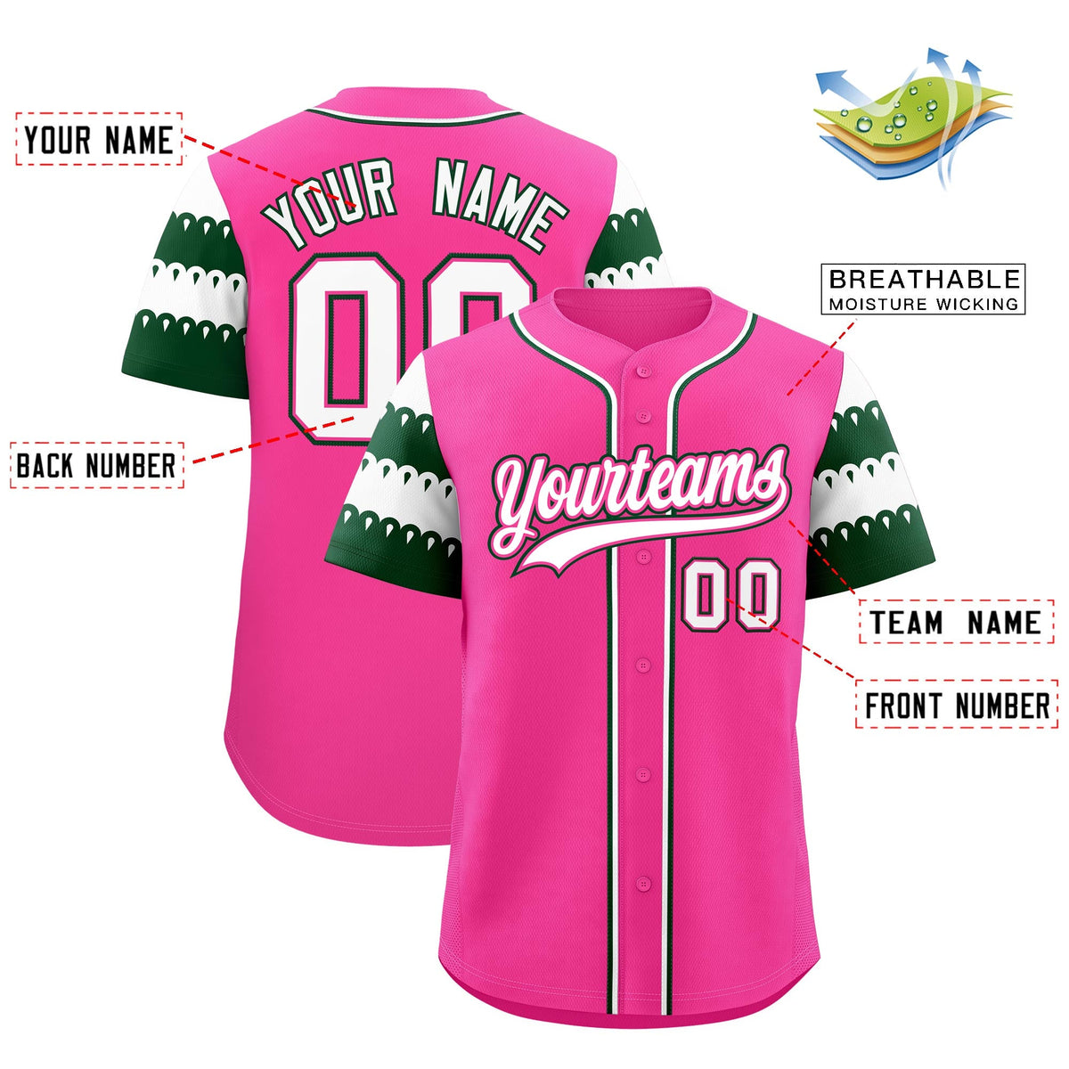 Custom Pink Green White Sleeve Flag Lace Baseball Jersey | Sublimation Printed &amp; Embroidery,Add Name and Numbern,Perfect for Teams | KXKSHOP