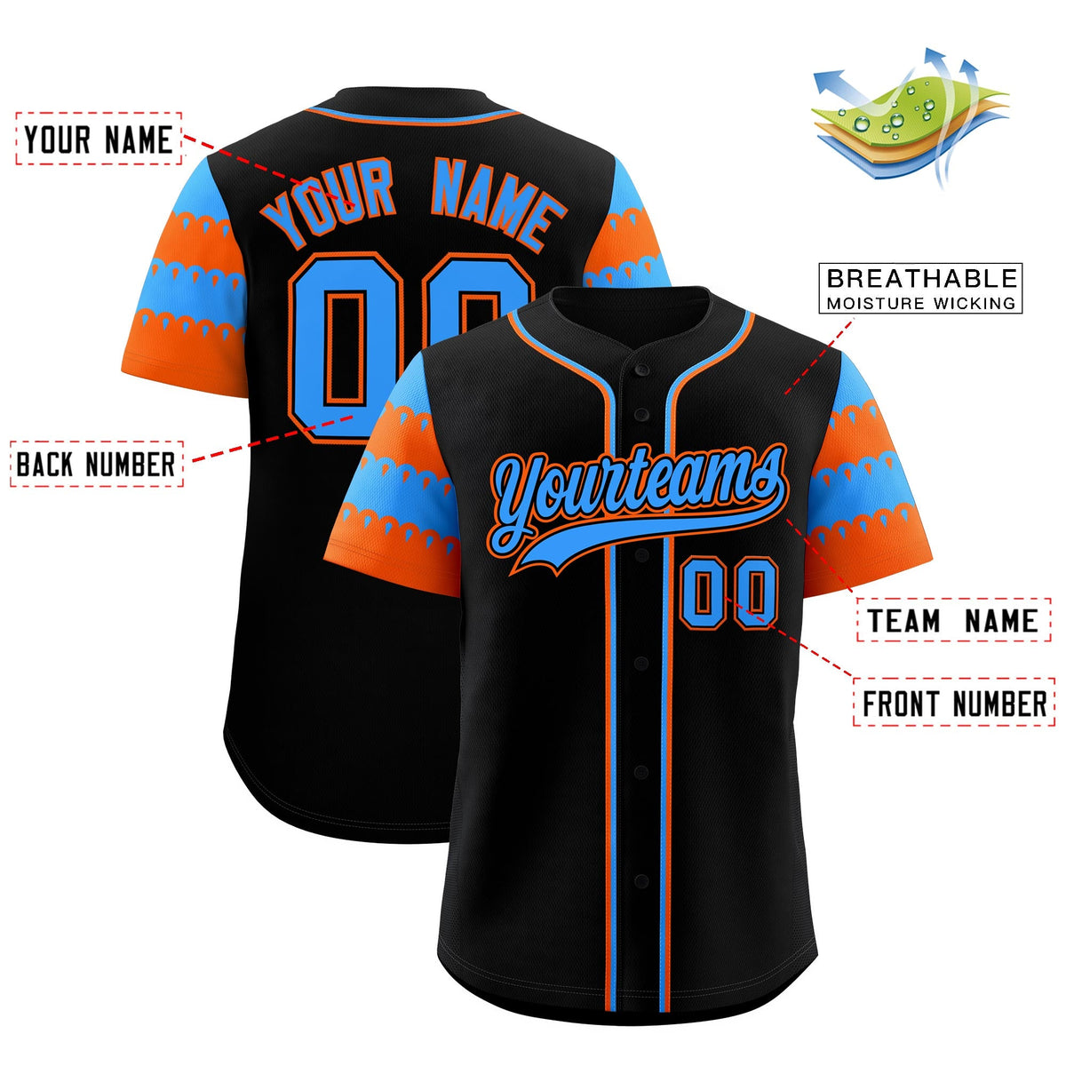 Custom Black Powder Blue Orange Sleeve Flag Lace Baseball Jersey | Sublimation Printed &amp; Embroidery,Add Name and Numbern,Perfect for Teams | KXKSHOP