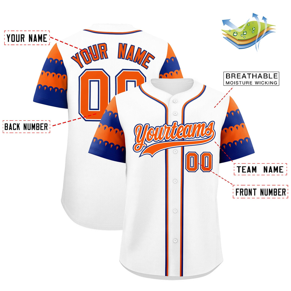 Custom White Orange Royal Sleeve Flag Lace Baseball Jersey | Sublimation Printed &amp; Embroidery,Add Name and Numbern,Perfect for Teams | KXKSHOP
