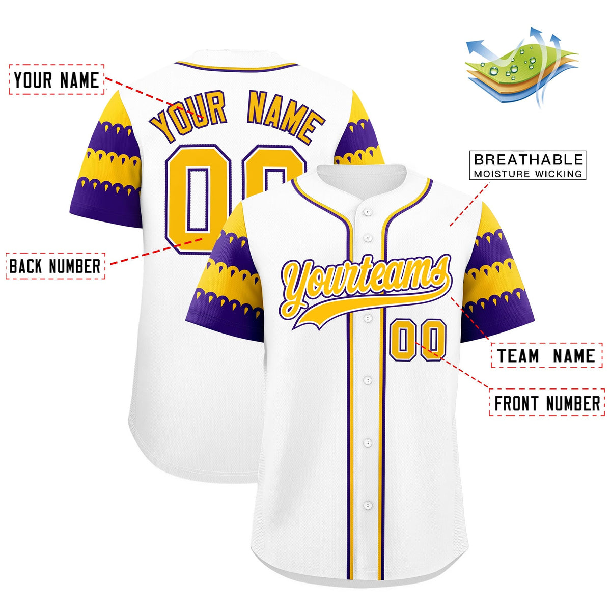 Custom White Gold Purple Sleeve Flag Lace Baseball Jersey | Sublimation Printed &amp; Embroidery,Add Name and Numbern,Perfect for Teams | KXKSHOP