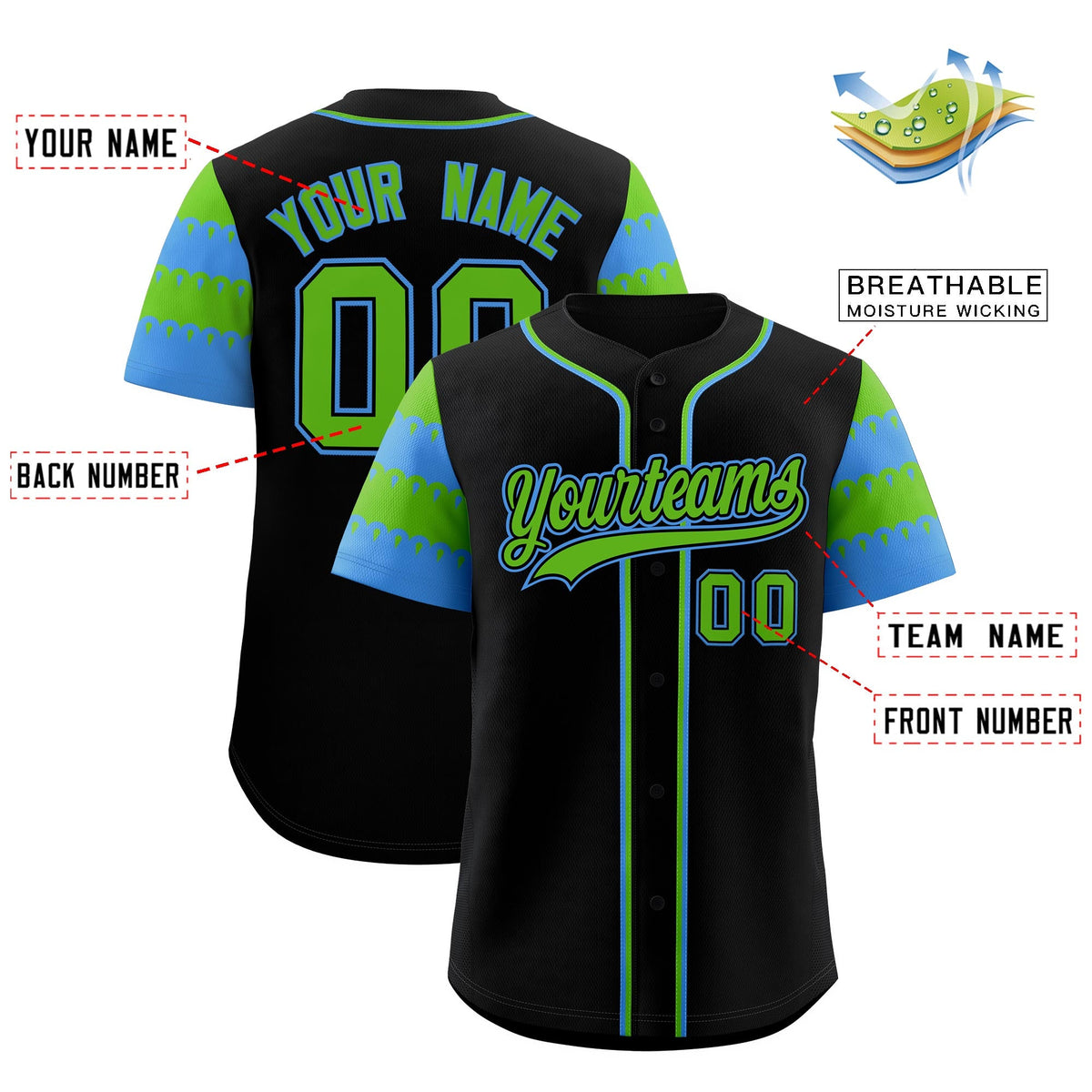 Custom Black Green Powder Blue Sleeve Flag Lace Baseball Jersey | Sublimation Printed &amp; Embroidery,Add Name and Numbern,Perfect for Teams | KXKSHOP