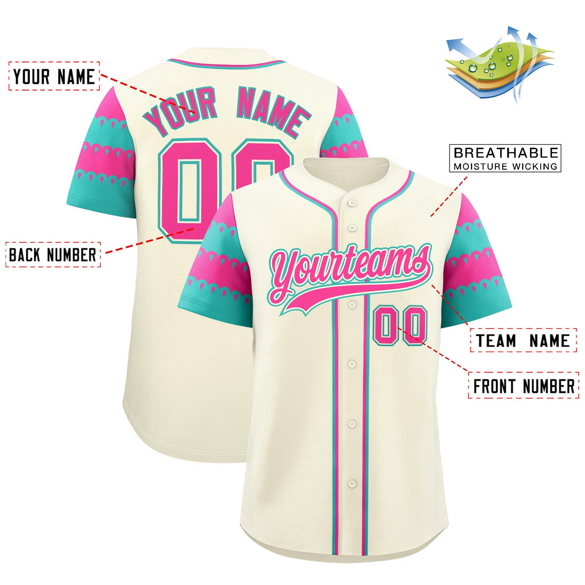 Custom Cream Pink Aqua Sleeve Flag Lace Baseball Jersey | Sublimation Printed &amp; Embroidery,Add Name and Numbern,Perfect for Teams | KXKSHOP