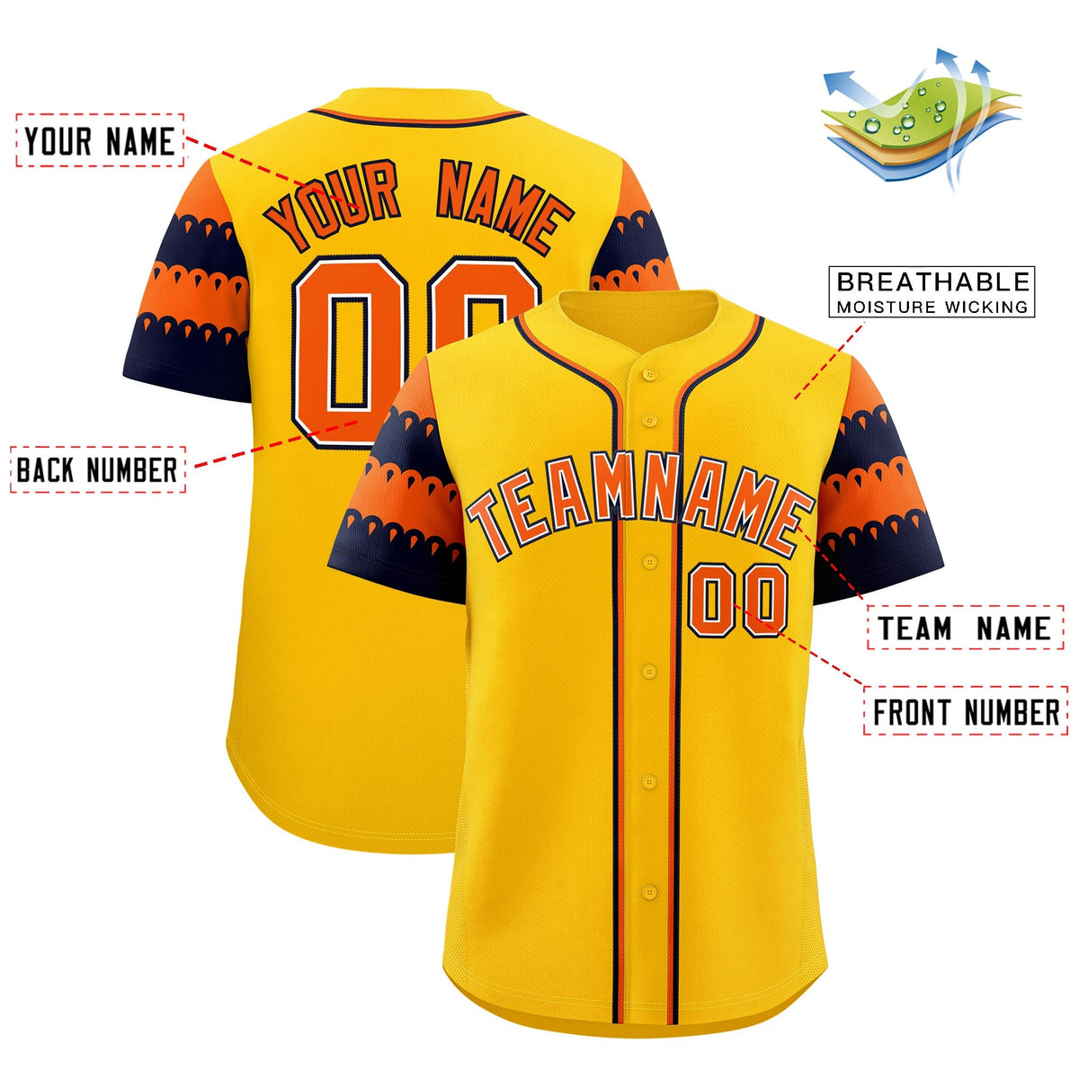 Custom Gold Orange Navy Sleeve Flag Lace Baseball Jersey | Sublimation Printed &amp; Embroidery,Add Name and Numbern,Perfect for Teams | KXKSHOP