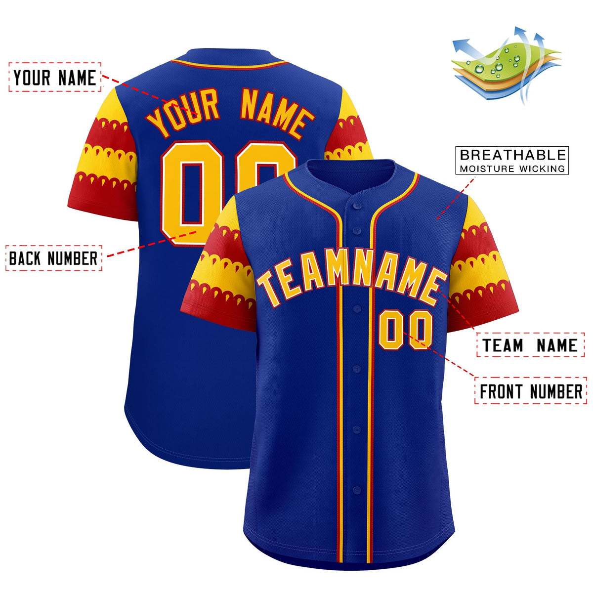 Custom Royal Gold Red Sleeve Flag Lace Baseball Jersey | Sublimation Printed &amp; Embroidery,Add Name and Numbern,Perfect for Teams | KXKSHOP