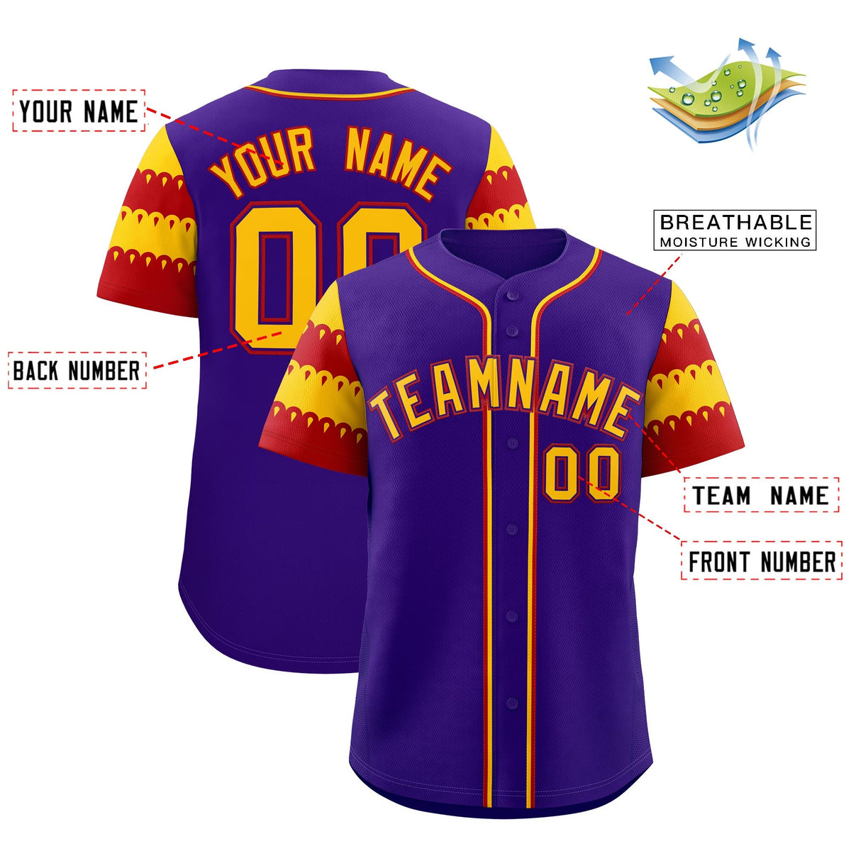 Custom Purple Gold Red Sleeve Flag Lace Baseball Jersey | Sublimation Printed &amp; Embroidery,Add Name and Numbern,Perfect for Teams | KXKSHOP