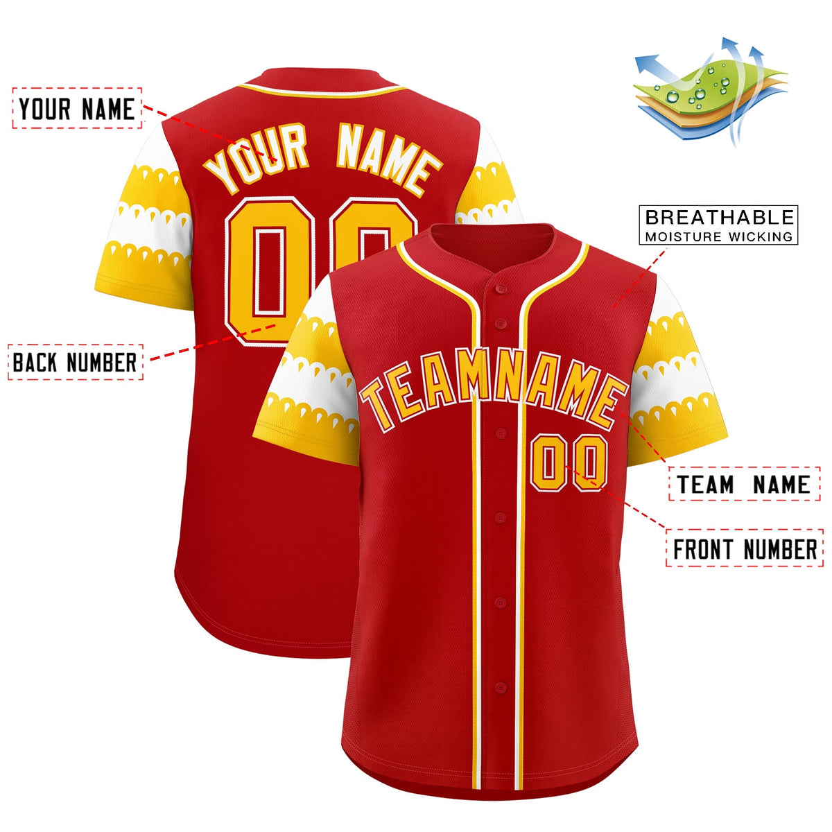Custom Red Gold White Sleeve Flag Lace Baseball Jersey | Sublimation Printed &amp; Embroidery,Add Name and Numbern,Perfect for Teams | KXKSHOP