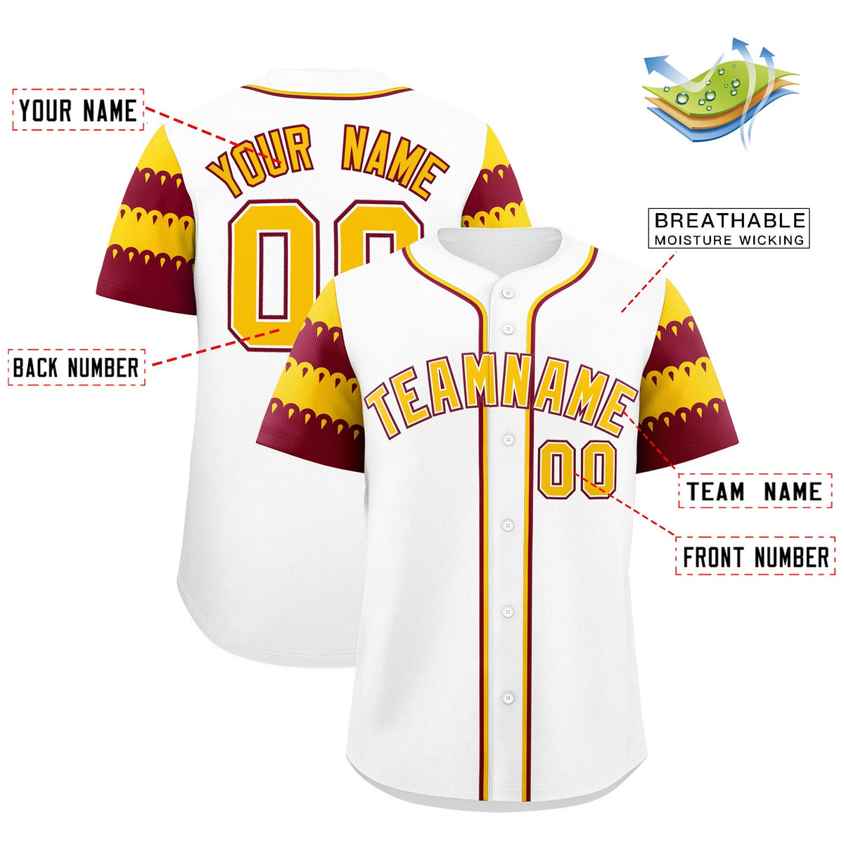 Custom White Crimson Gold Sleeve Flag Lace Baseball Jersey | Sublimation Printed &amp; Embroidery,Add Name and Numbern,Perfect for Teams | KXKSHOP