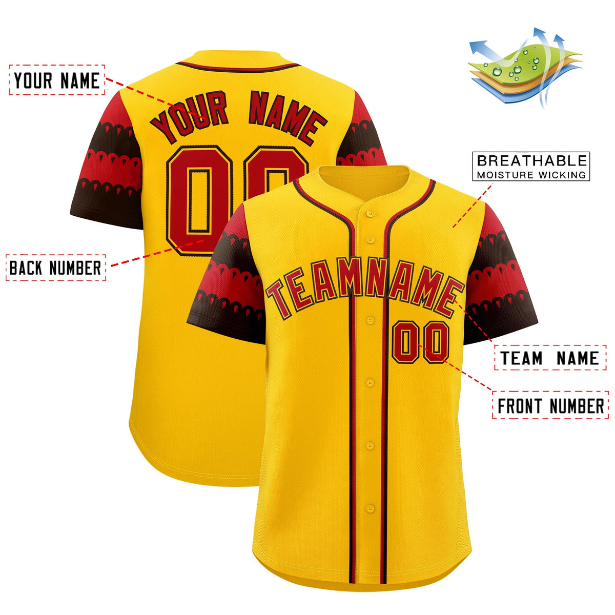 Custom Gold Red Black Sleeve Flag Lace Baseball Jersey | Sublimation Printed &amp; Embroidery,Add Name and Numbern,Perfect for Teams | KXKSHOP