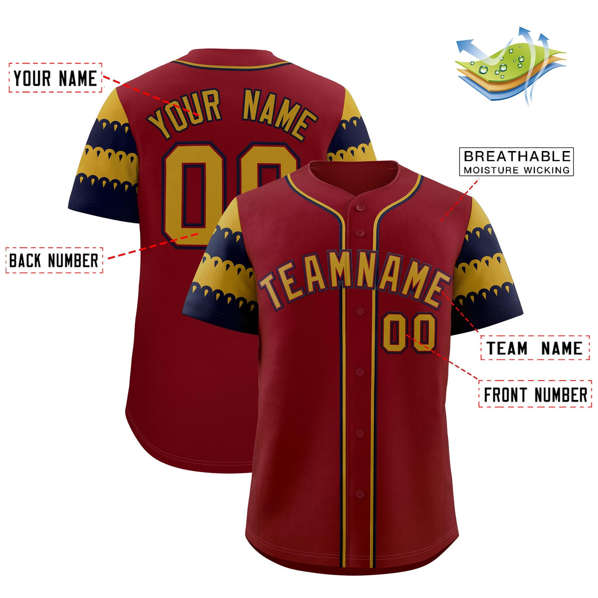 Custom Crimson Old Gold Navy Sleeve Flag Lace Baseball Jersey | Sublimation Printed &amp; Embroidery,Add Name and Numbern,Perfect for Teams | KXKSHOP