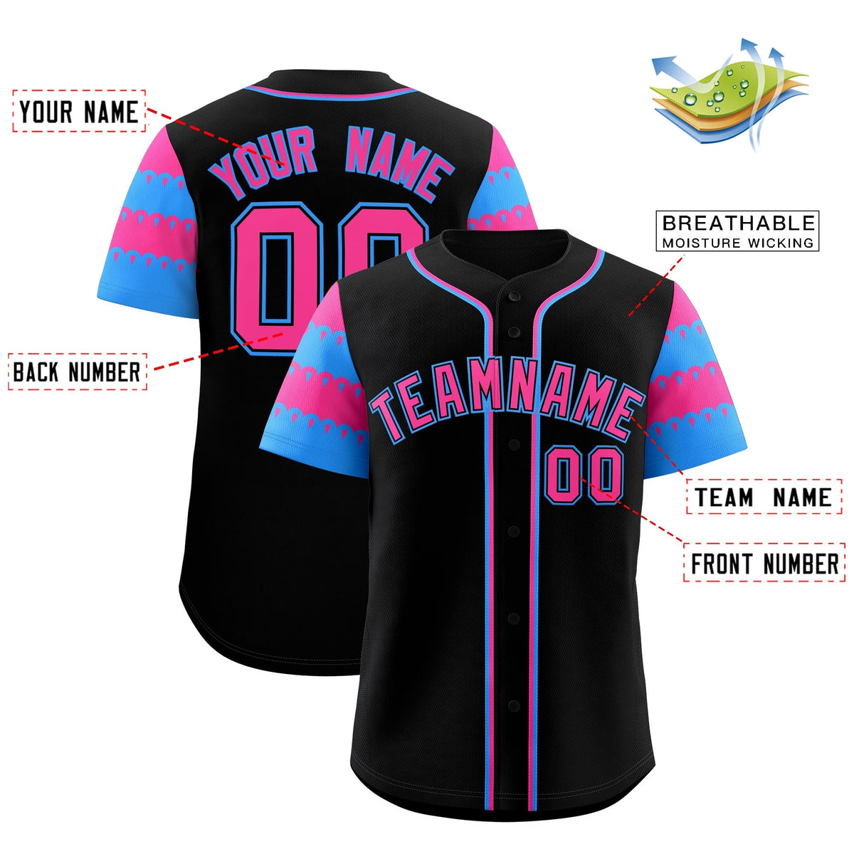 Custom Black Pink Powder Blue Sleeve Flag Lace Baseball Jersey | Sublimation Printed &amp; Embroidery,Add Name and Numbern,Perfect for Teams | KXKSHOP