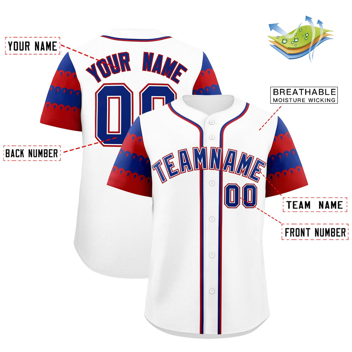 Custom White Red Royal Sleeve Flag Lace Baseball Jersey | Sublimation Printed &amp; Embroidery,Add Name and Numbern,Perfect for Teams | KXKSHOP