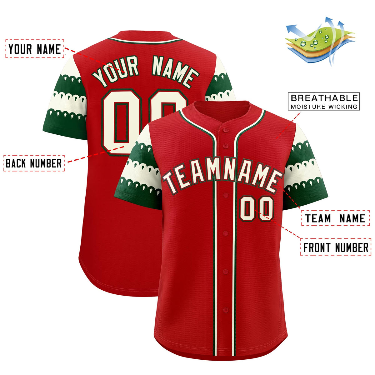Custom Red White Green Sleeve Flag Lace Baseball Jersey | Sublimation Printed &amp; Embroidery,Add Name and Numbern,Perfect for Teams | KXKSHOP