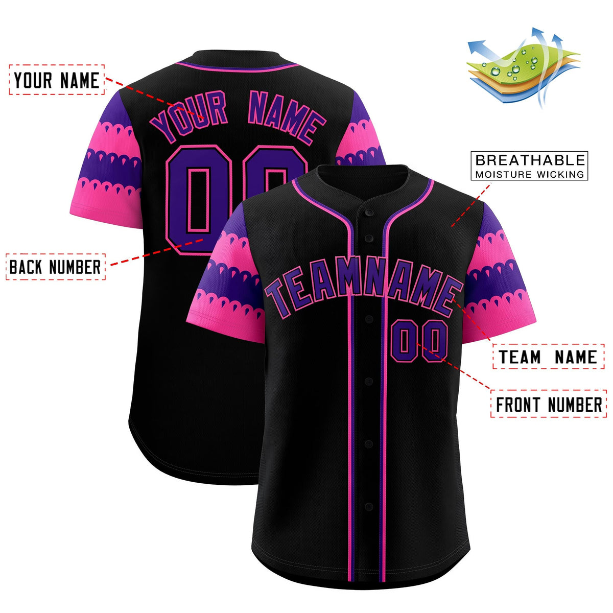 Custom Black Pink Purple Sleeve Flag Lace Baseball Jersey | Sublimation Printed &amp; Embroidery,Add Name and Numbern,Perfect for Teams | KXKSHOP