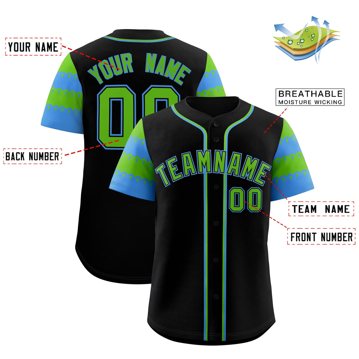 Custom Black Green Powder Blue Sleeve Flag Lace Baseball Jersey | Sublimation Printed &amp; Embroidery,Add Name and Numbern,Perfect for Teams | KXKSHOP