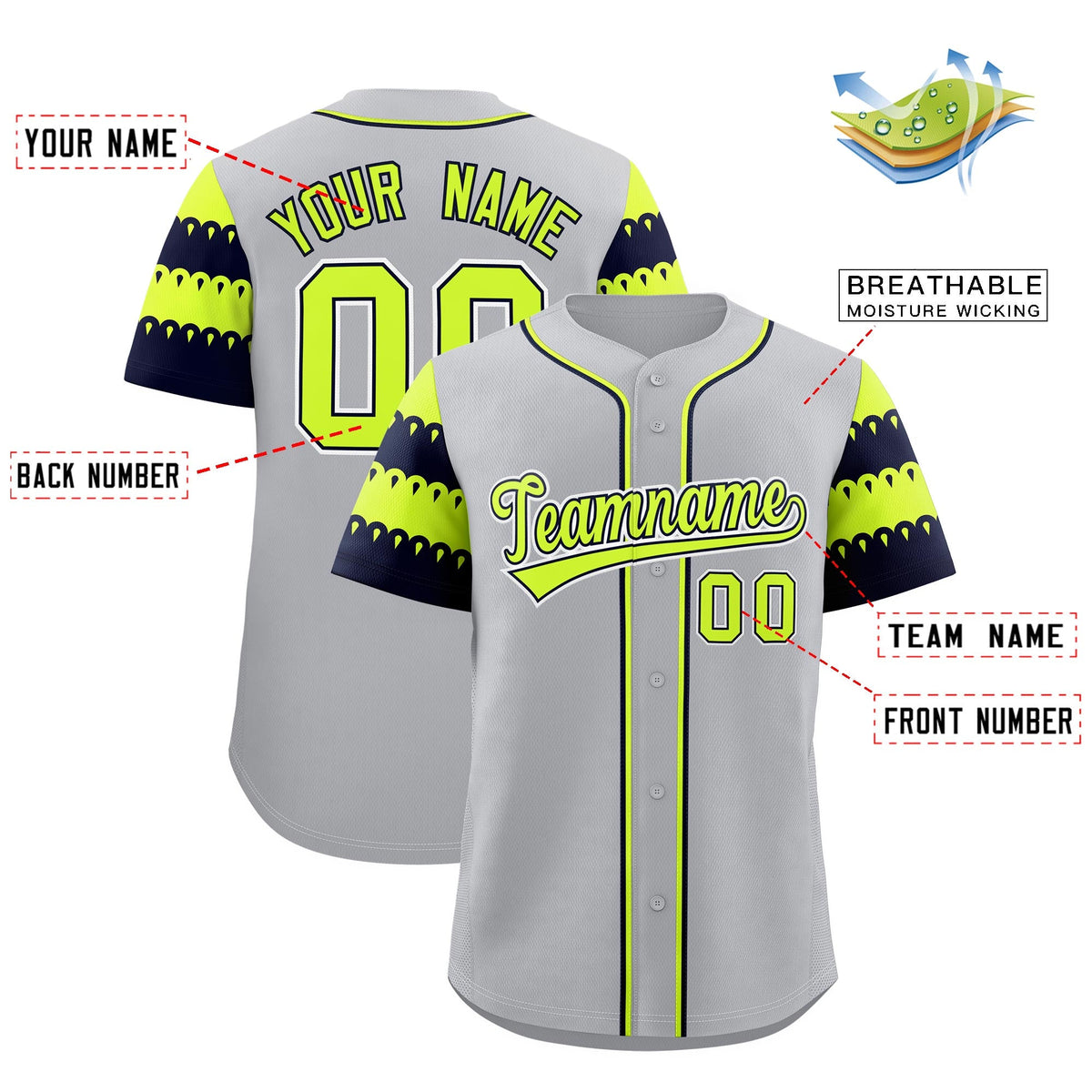Custom Gray Navy Fluorescent Green Sleeve Flag Lace Baseball Jersey | Sublimation Printed &amp; Embroidery,Add Name and Numbern,Perfect for Teams | KXKSHOP