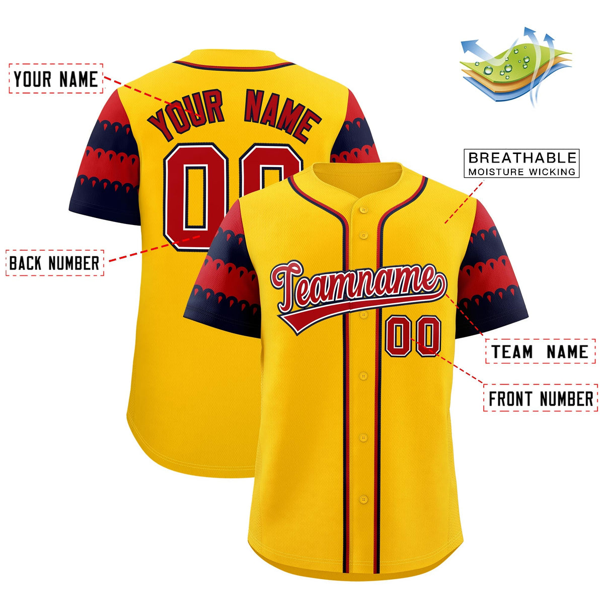 Custom Gold Navy Red Sleeve Flag Lace Baseball Jersey | Sublimation Printed &amp; Embroidery,Add Name and Numbern,Perfect for Teams | KXKSHOP