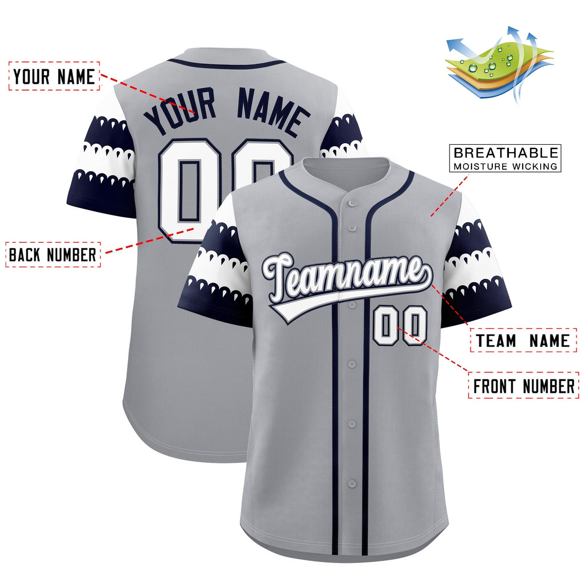 Custom Gray Navy White Sleeve Flag Lace Baseball Jersey | Sublimation Printed &amp; Embroidery,Add Name and Numbern,Perfect for Teams | KXKSHOP