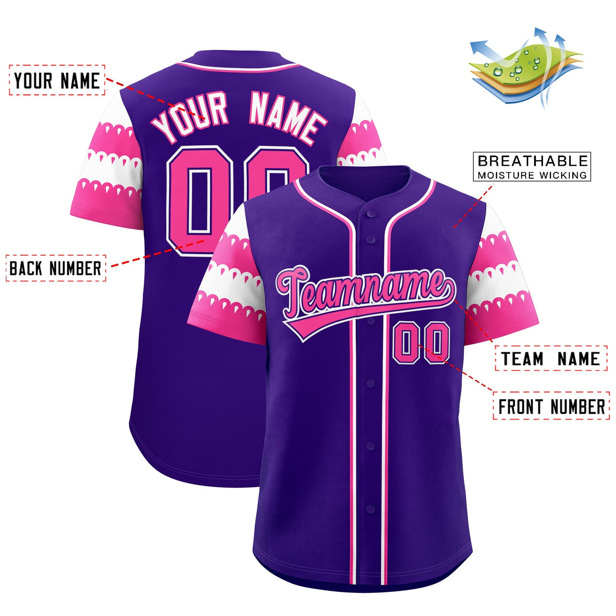 Custom Purple Pink White Sleeve Flag Lace Baseball Jersey | Sublimation Printed &amp; Embroidery,Add Name and Numbern,Perfect for Teams | KXKSHOP