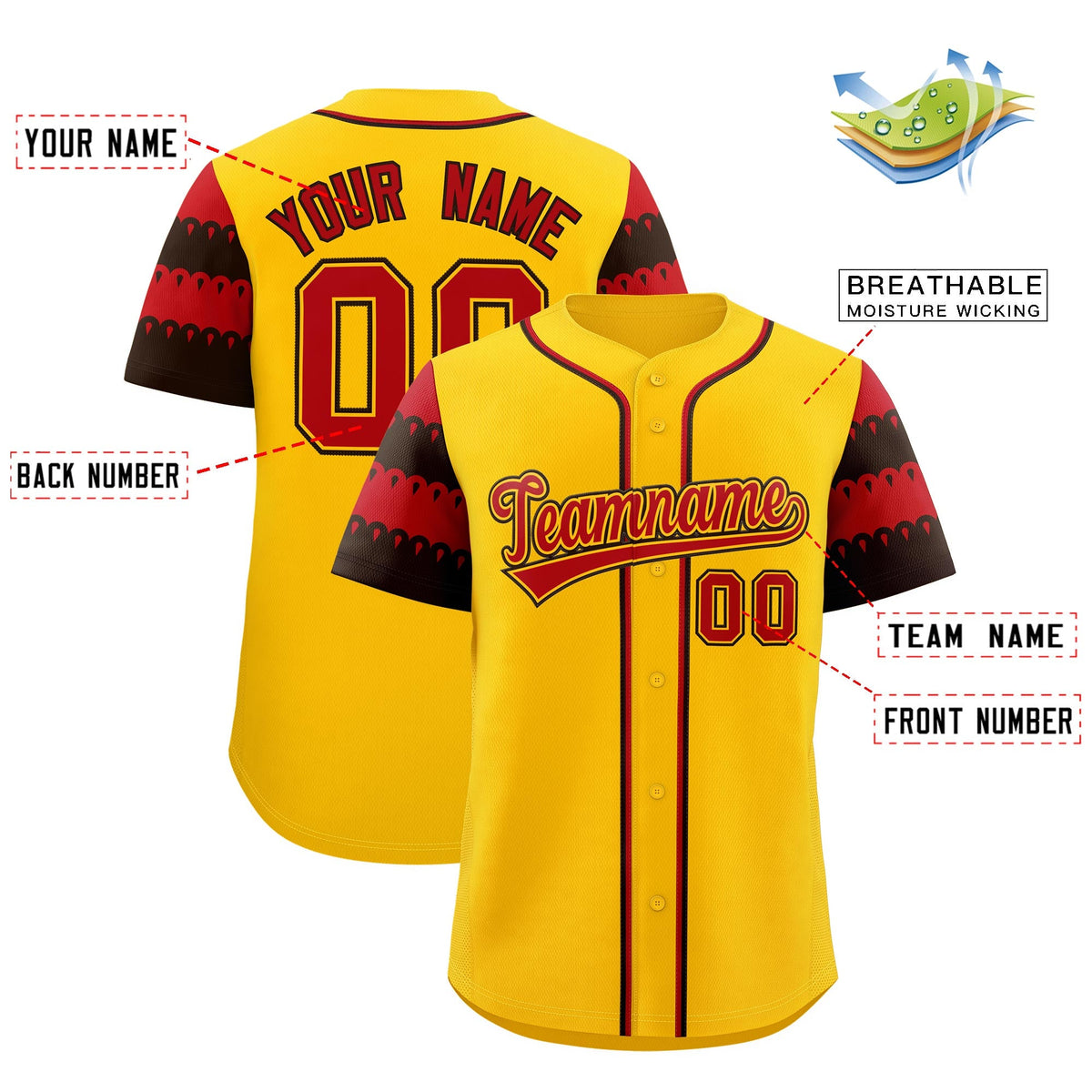 Custom Gold Red Black Sleeve Flag Lace Baseball Jersey | Sublimation Printed &amp; Embroidery,Add Name and Numbern,Perfect for Teams | KXKSHOP