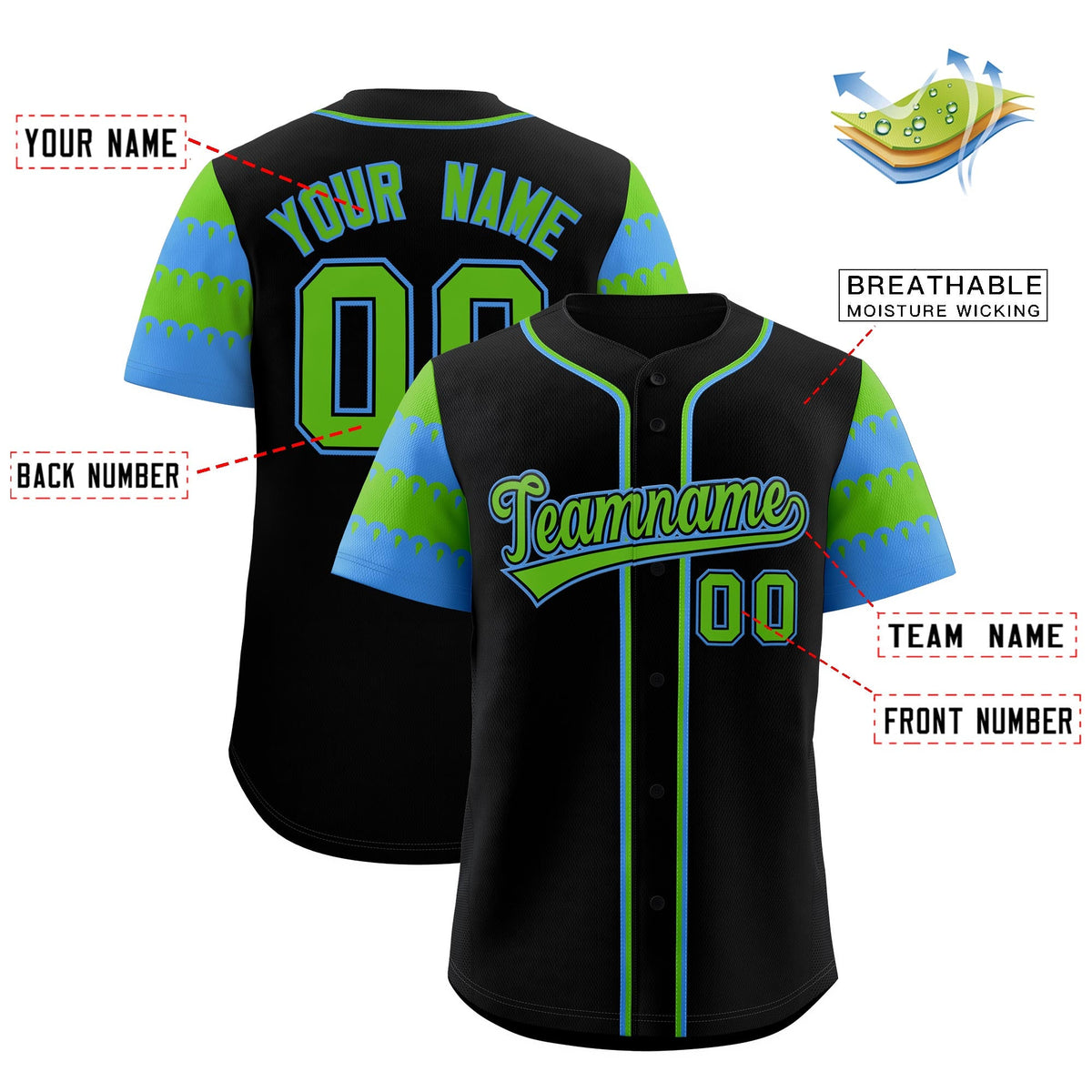 Custom Black Green Powder Blue Sleeve Flag Lace Baseball Jersey | Sublimation Printed &amp; Embroidery,Add Name and Numbern,Perfect for Teams | KXKSHOP