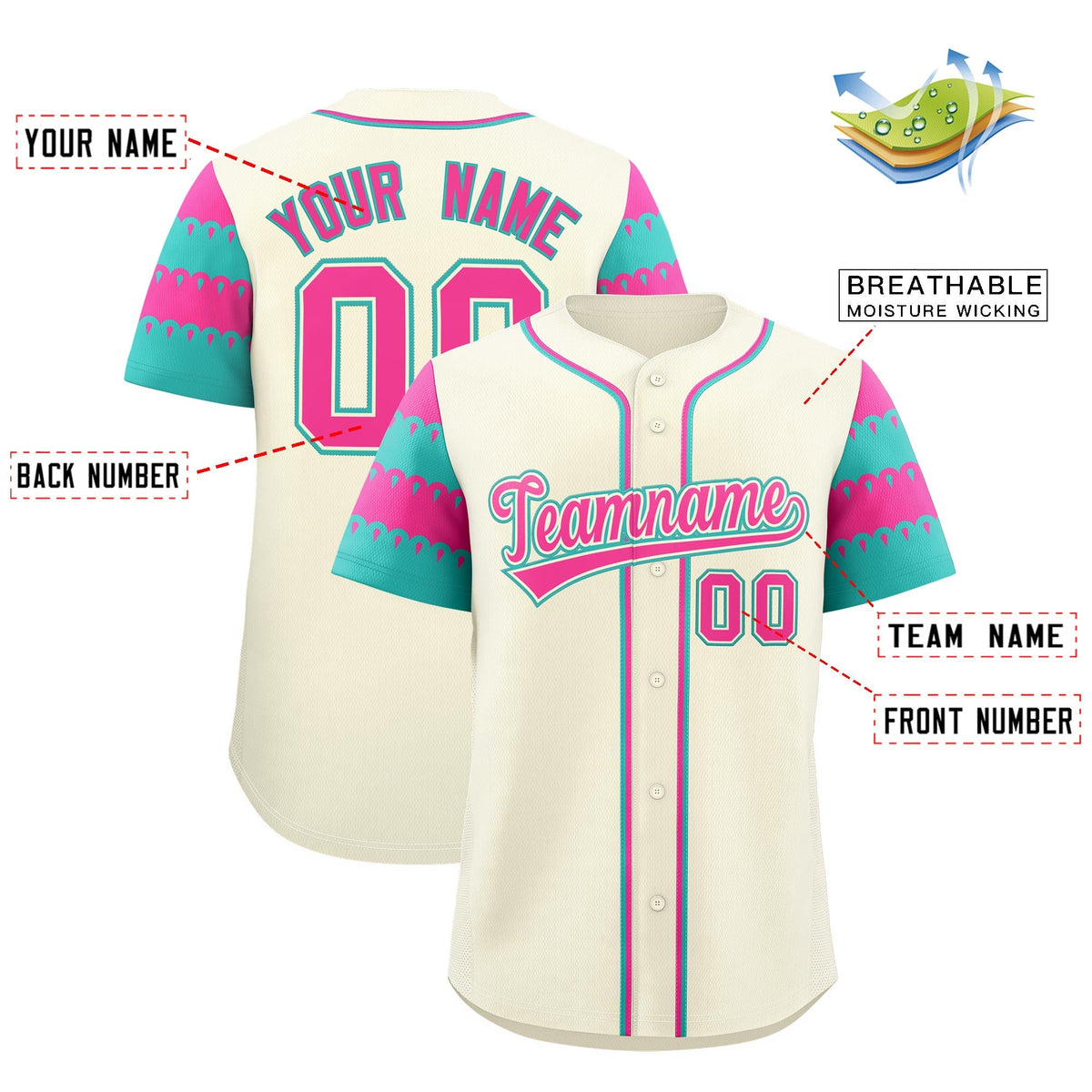 Custom Cream Pink Aqua Sleeve Flag Lace Baseball Jersey | Sublimation Printed &amp; Embroidery,Add Name and Numbern,Perfect for Teams | KXKSHOP