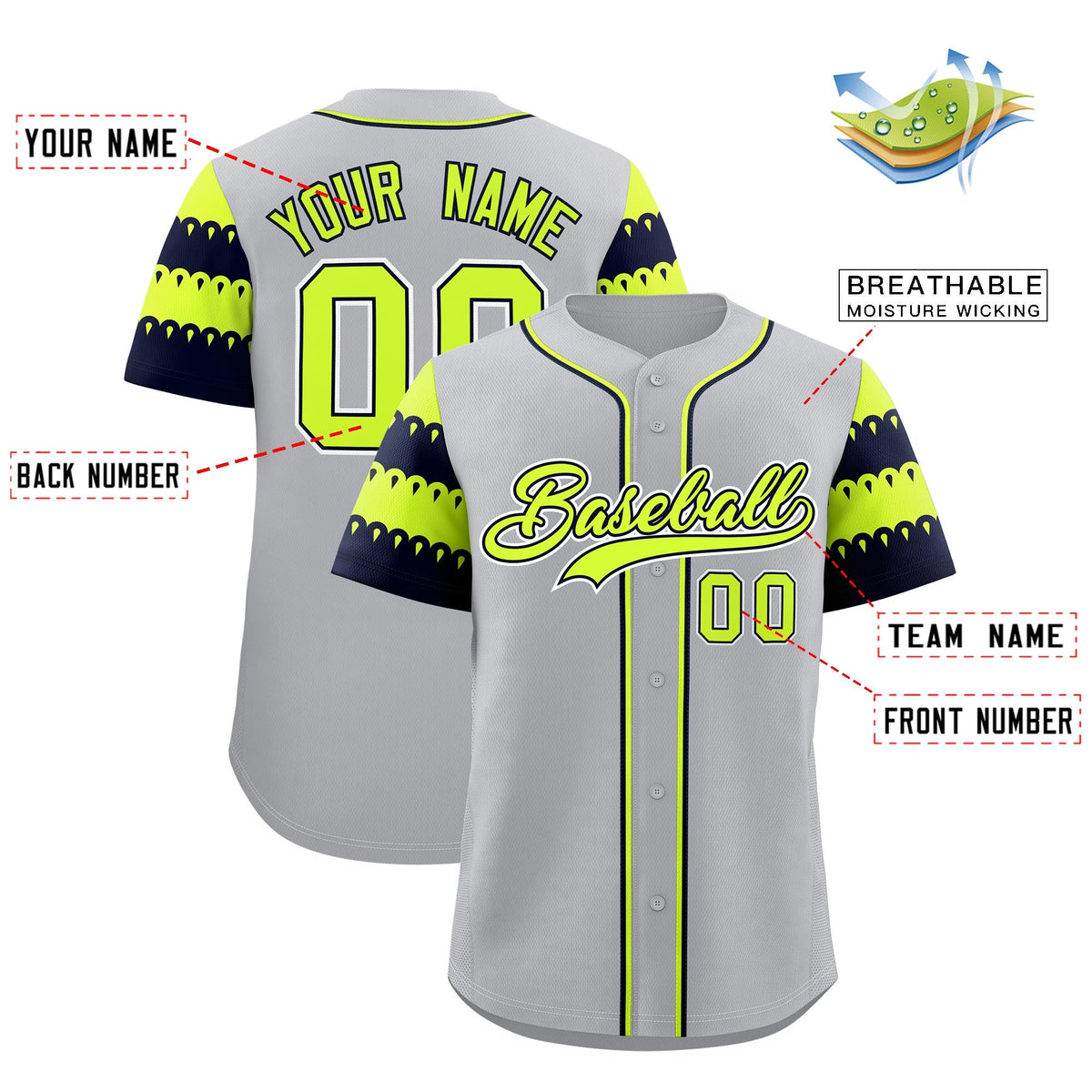 Custom Gray Navy Fluorescent Green Sleeve Flag Lace Baseball Jersey | Sublimation Printed &amp; Embroidery,Add Name and Numbern,Perfect for Teams | KXKSHOP