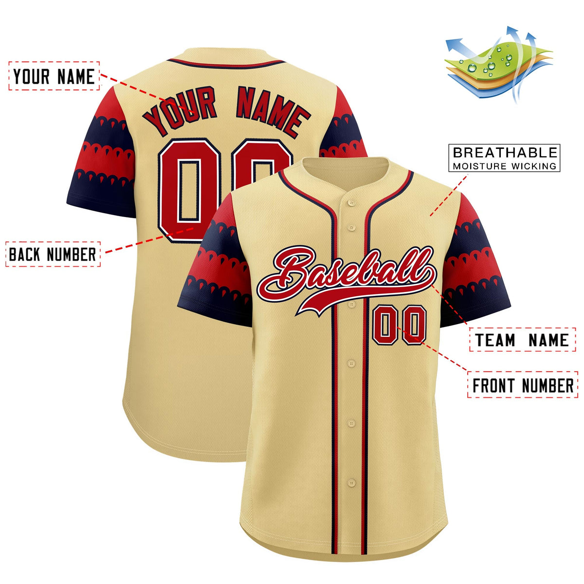 Custom Khaki Red Navy Sleeve Flag Lace Baseball Jersey | Sublimation Printed &amp; Embroidery,Add Name and Numbern,Perfect for Teams | KXKSHOP