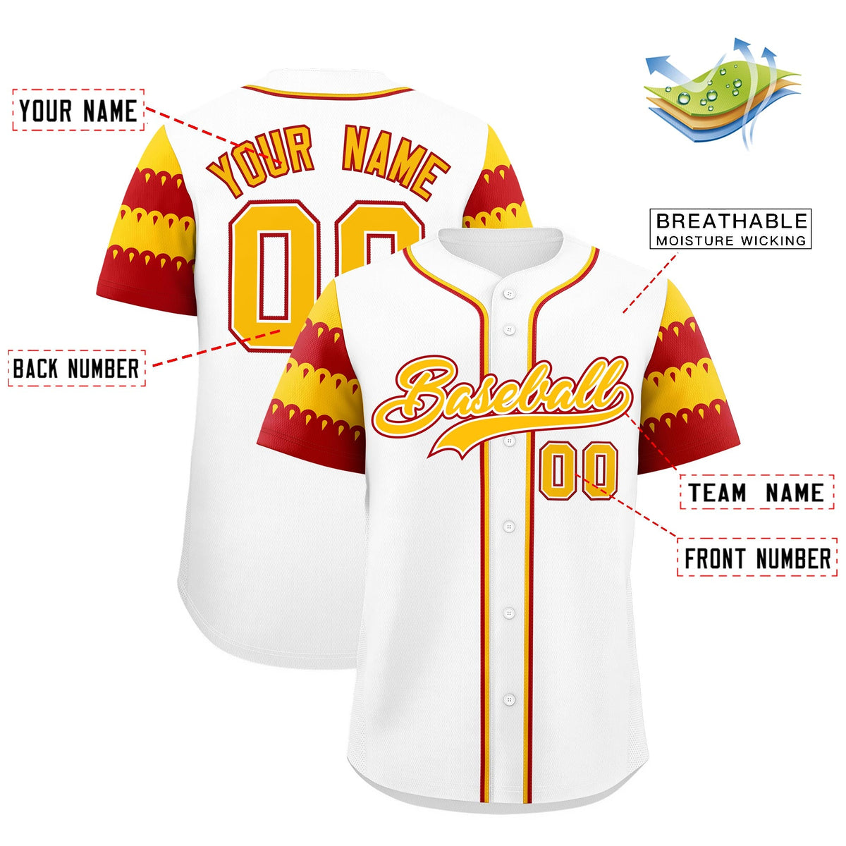 Custom White Red Gold Sleeve Flag Lace Baseball Jersey | Sublimation Printed &amp; Embroidery,Add Name and Numbern,Perfect for Teams | KXKSHOP