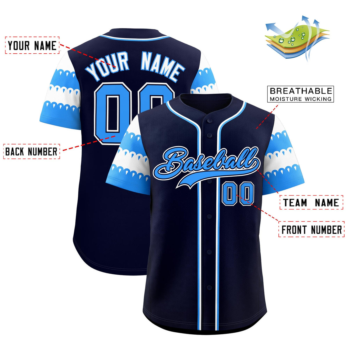 Custom Black Powder Blue White Sleeve Flag Lace Baseball Jersey | Sublimation Printed &amp; Embroidery,Add Name and Numbern,Perfect for Teams | KXKSHOP