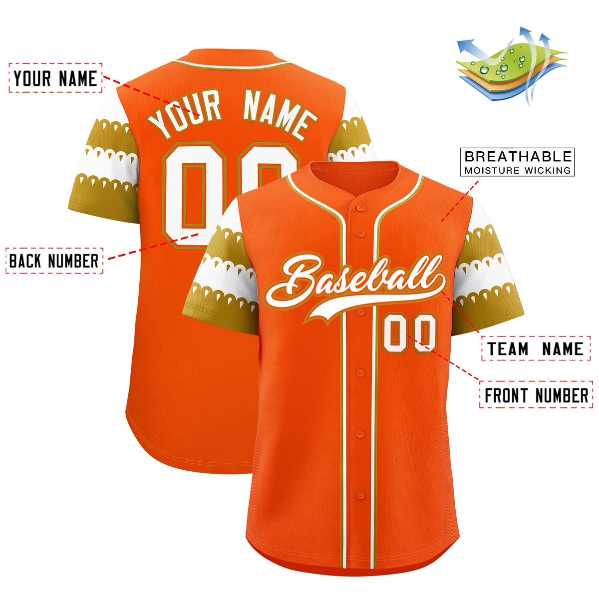 Custom Orange Old Gold White Sleeve Flag Lace Baseball Jersey | Sublimation Printed &amp; Embroidery,Add Name and Numbern,Perfect for Teams | KXKSHOP