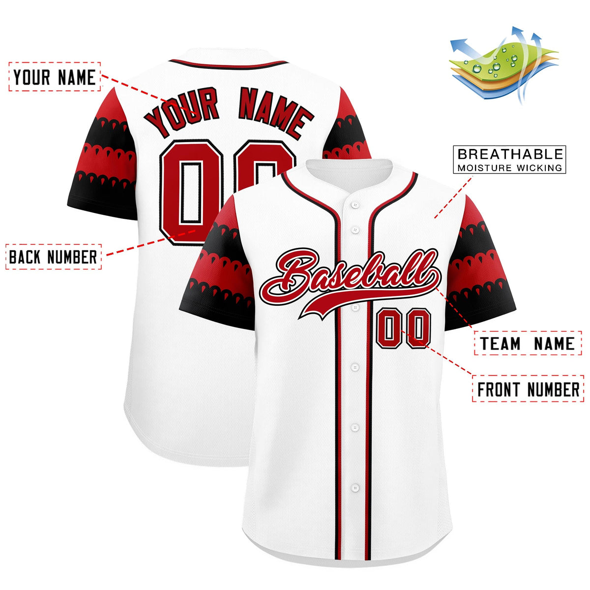 Custom White Red Black Sleeve Flag Lace Baseball Jersey | Sublimation Printed &amp; Embroidery,Add Name and Numbern,Perfect for Teams | KXKSHOP