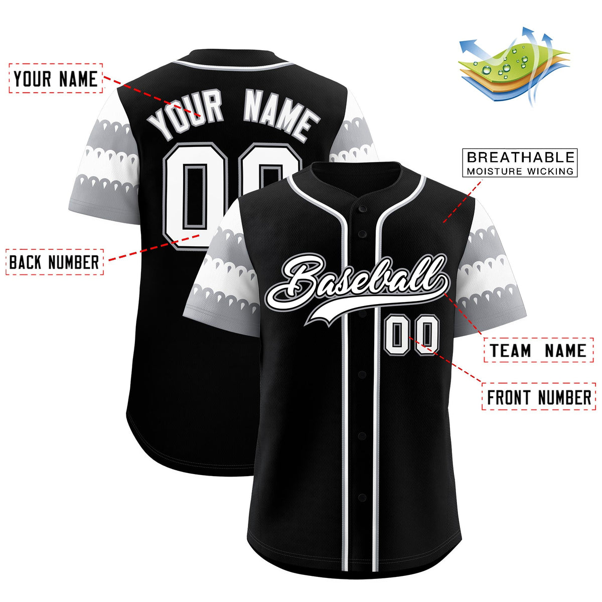 Custom Black Gray White Sleeve Flag Lace Baseball Jersey | Sublimation Printed &amp; Embroidery,Add Name and Numbern,Perfect for Teams | KXKSHOP
