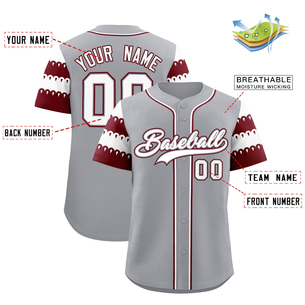 Custom Gray Maroon White Sleeve Flag Lace Baseball Jersey | Sublimation Printed &amp; Embroidery,Add Name and Numbern,Perfect for Teams | KXKSHOP