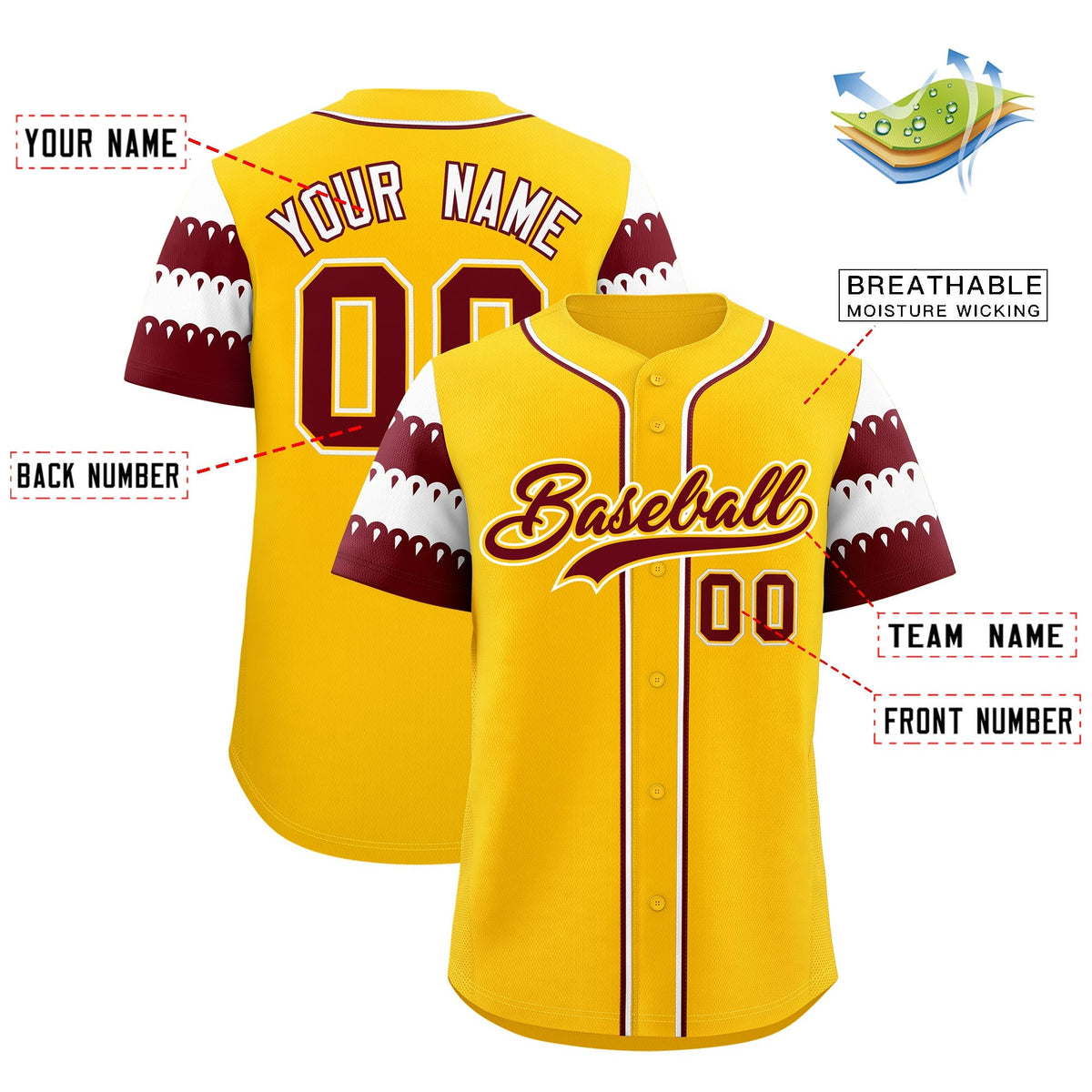 Custom Gold Maroon White Sleeve Flag Lace Baseball Jersey | Sublimation Printed &amp; Embroidery,Add Name and Numbern,Perfect for Teams | KXKSHOP