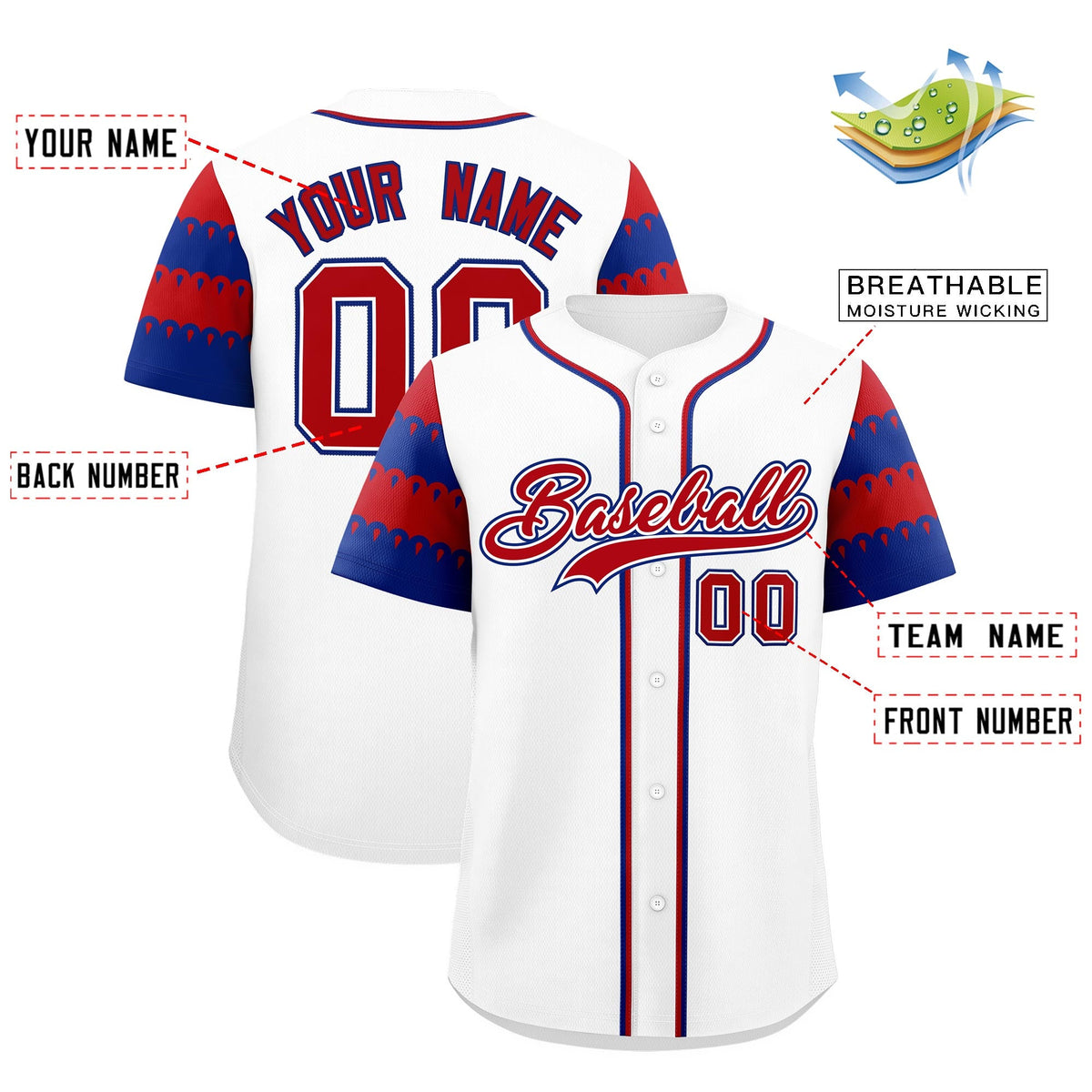 Custom White Royal Red Sleeve Flag Lace Baseball Jersey | Sublimation Printed &amp; Embroidery,Add Name and Numbern,Perfect for Teams | KXKSHOP