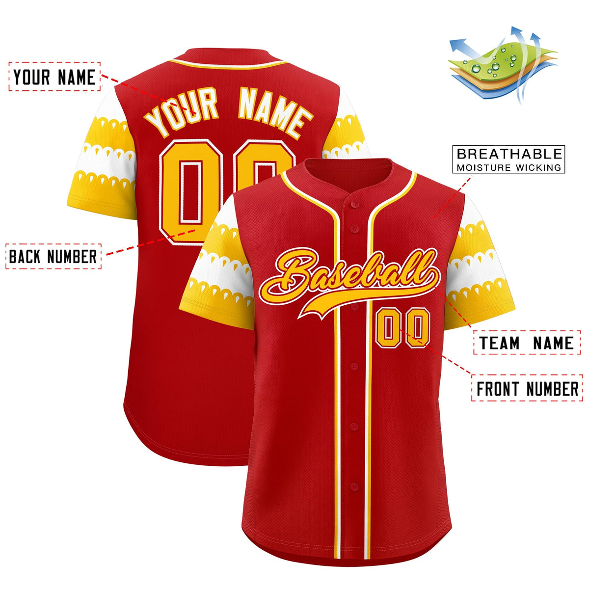 Custom Red Gold White Sleeve Flag Lace Baseball Jersey | Sublimation Printed &amp; Embroidery,Add Name and Numbern,Perfect for Teams | KXKSHOP