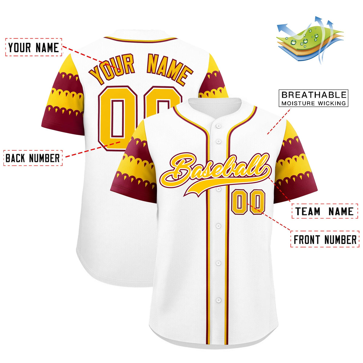 Custom White Crimson Gold Sleeve Flag Lace Baseball Jersey | Sublimation Printed &amp; Embroidery,Add Name and Numbern,Perfect for Teams | KXKSHOP