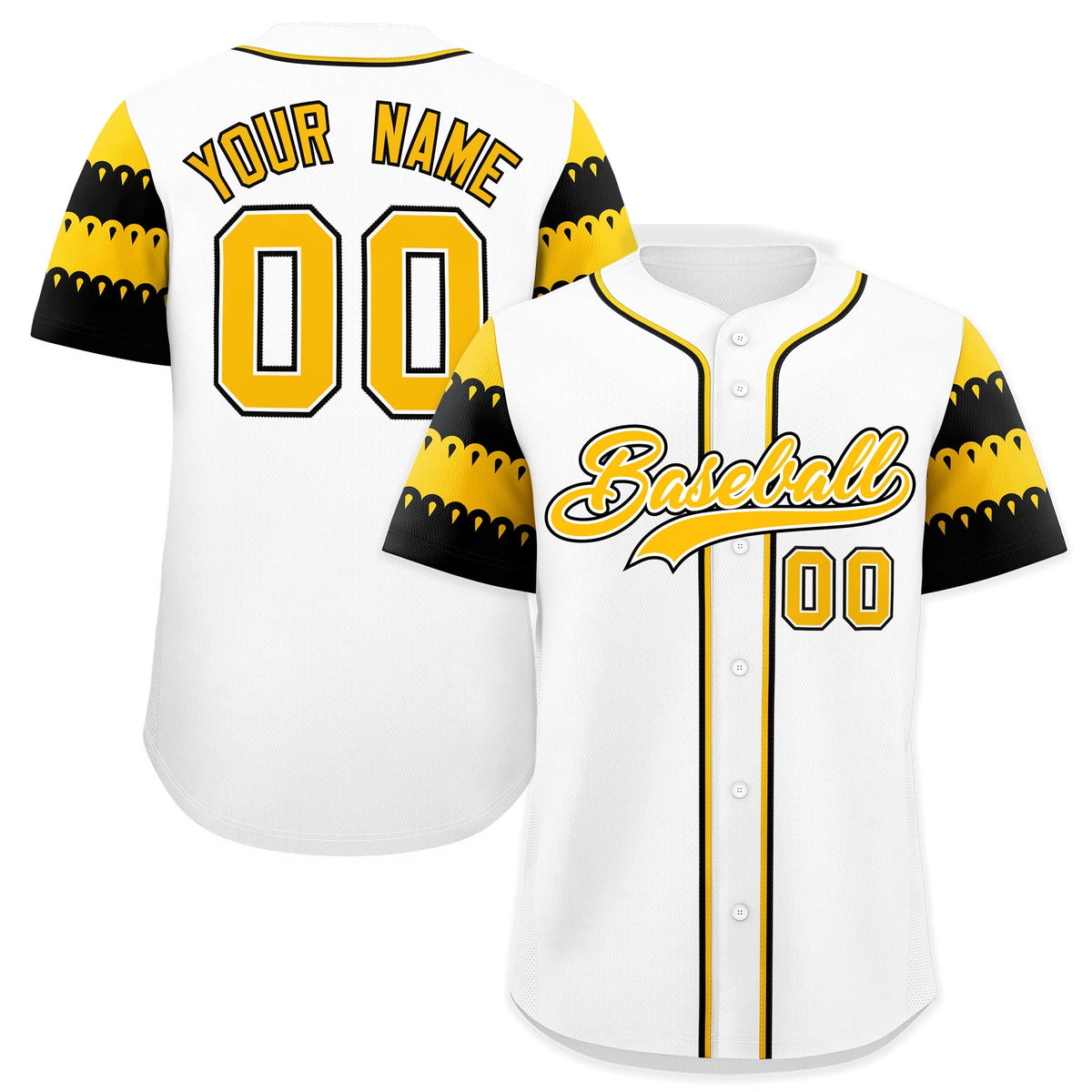 Custom White Gold Black Sleeve Flag Lace Baseball Jersey | Sublimation Printed &amp; Embroidery,Add Name and Numbern,Perfect for Teams | KXKSHOP