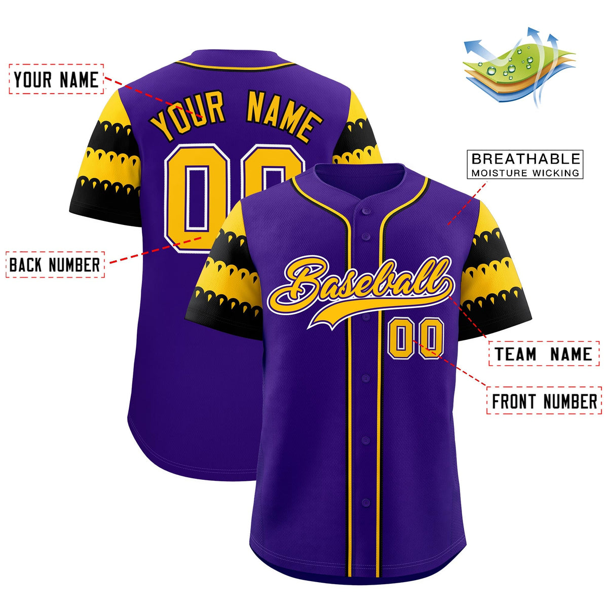 Custom Purple Gold Black Sleeve Flag Lace Baseball Jersey | Sublimation Printed &amp; Embroidery,Add Name and Numbern,Perfect for Teams | KXKSHOP