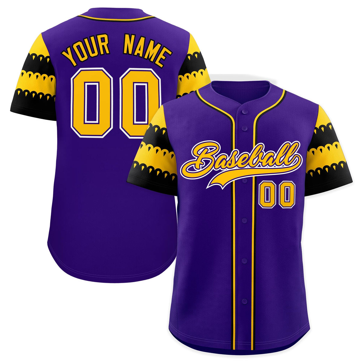 Custom Purple Gold Black Sleeve Flag Lace Baseball Jersey | Sublimation Printed &amp; Embroidery,Add Name and Numbern,Perfect for Teams | KXKSHOP