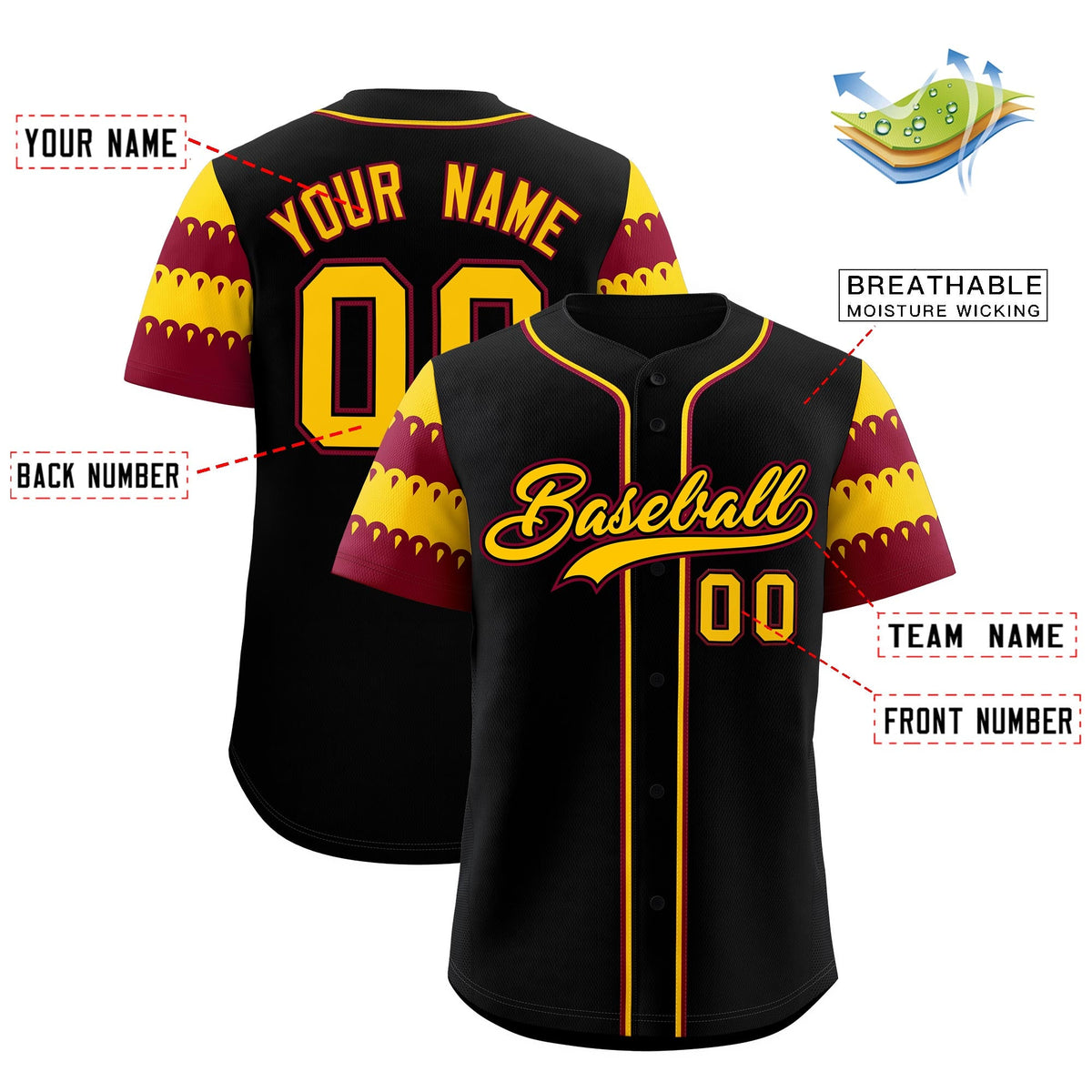 Custom Black Crimson Gold Sleeve Flag Lace Baseball Jersey | Sublimation Printed &amp; Embroidery,Add Name and Numbern,Perfect for Teams | KXKSHOP