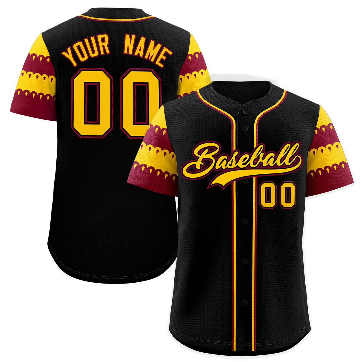 Custom Black Crimson Gold Sleeve Flag Lace Baseball Jersey | Sublimation Printed &amp; Embroidery,Add Name and Numbern,Perfect for Teams | KXKSHOP