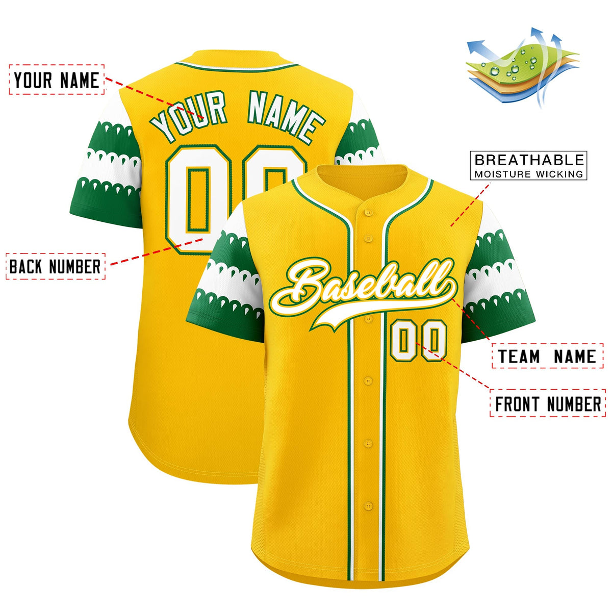 Custom Gold Kelly Green White Sleeve Flag Lace Baseball Jersey | Sublimation Printed &amp; Embroidery,Add Name and Numbern,Perfect for Teams | KXKSHOP
