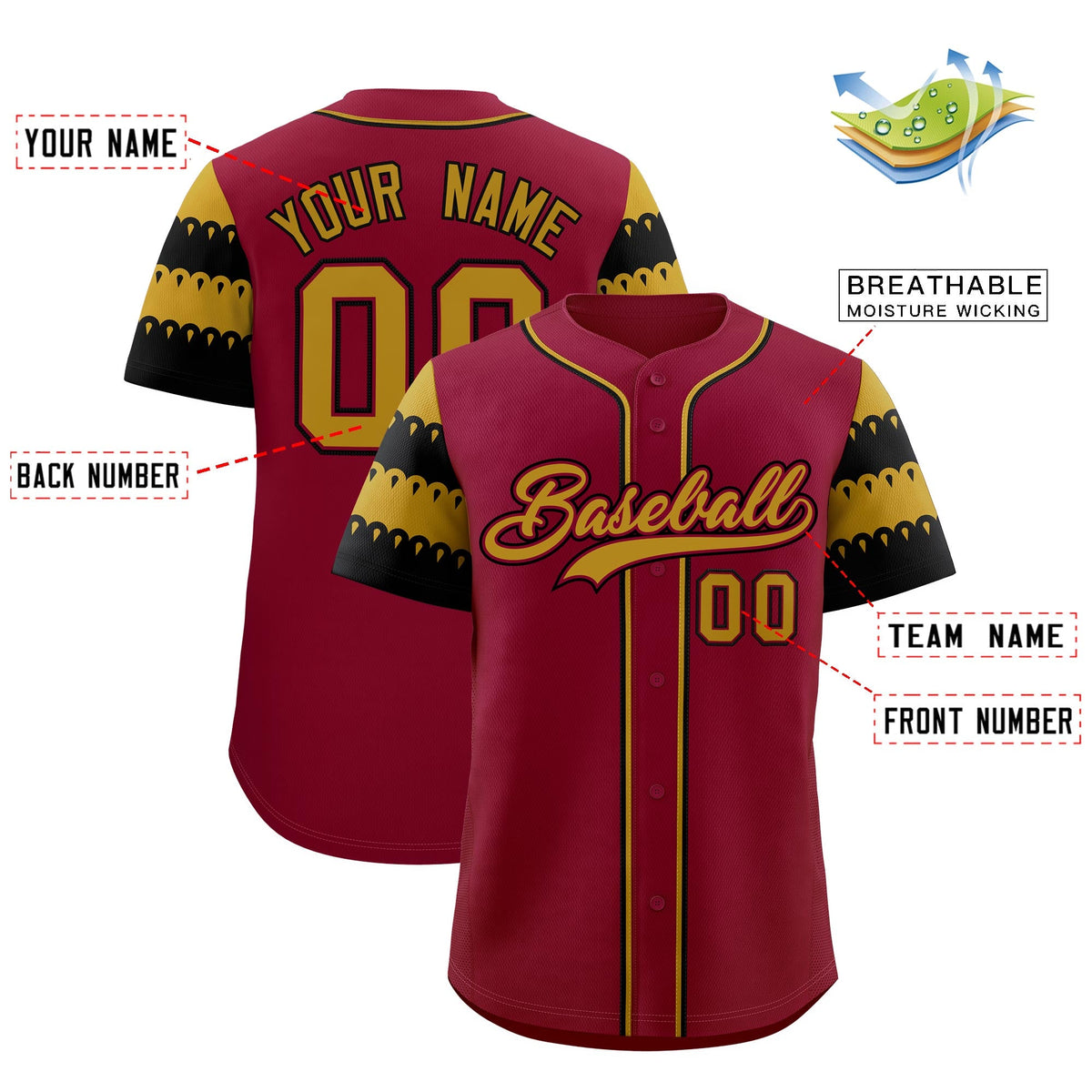 Custom Crimson Old Gold Black Sleeve Flag Lace Baseball Jersey | Sublimation Printed &amp; Embroidery,Add Name and Numbern,Perfect for Teams | KXKSHOP