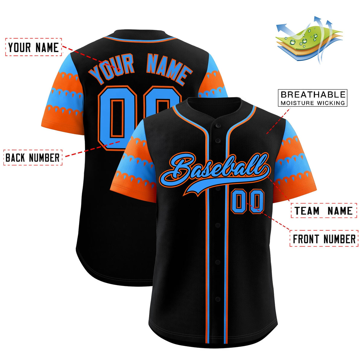 Custom Black Powder Blue Orange Sleeve Flag Lace Baseball Jersey | Sublimation Printed &amp; Embroidery,Add Name and Numbern,Perfect for Teams | KXKSHOP