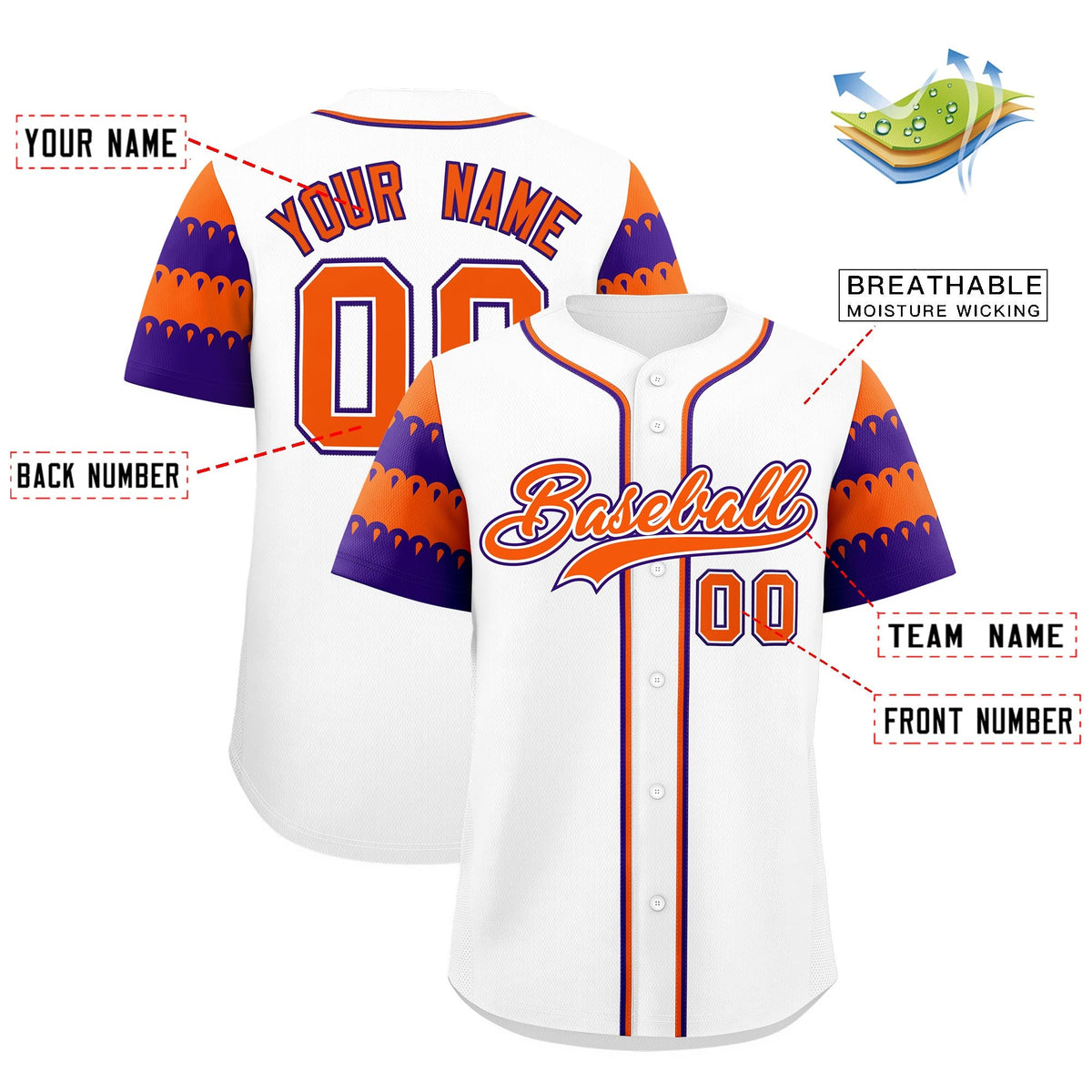 Custom White Orange Purple Sleeve Flag Lace Baseball Jersey | Sublimation Printed &amp; Embroidery,Add Name and Numbern,Perfect for Teams | KXKSHOP