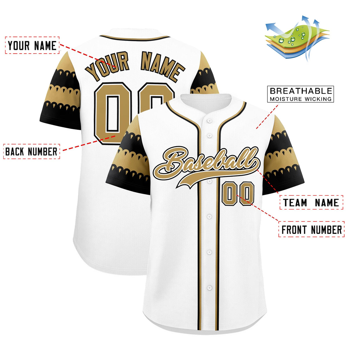 Custom White Old Gold Black Sleeve Flag Lace Baseball Jersey | Sublimation Printed &amp; Embroidery,Add Name and Numbern,Perfect for Teams | KXKSHOP