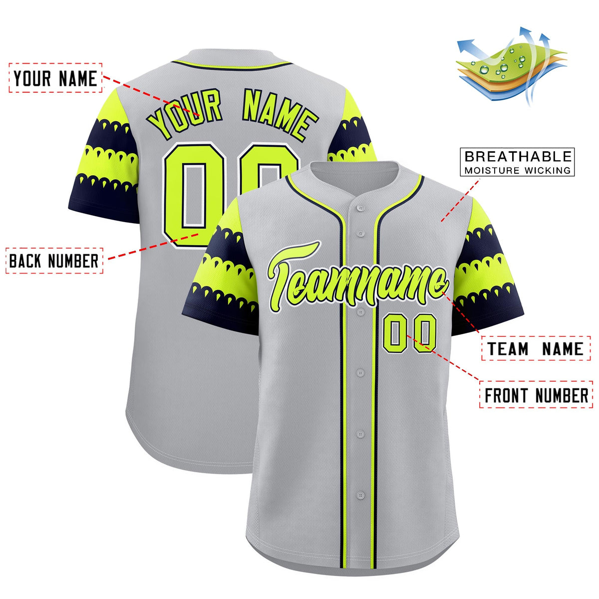 Custom Gray Navy Fluorescent Green Sleeve Flag Lace Baseball Jersey | Sublimation Printed &amp; Embroidery,Add Name and Numbern,Perfect for Teams | KXKSHOP