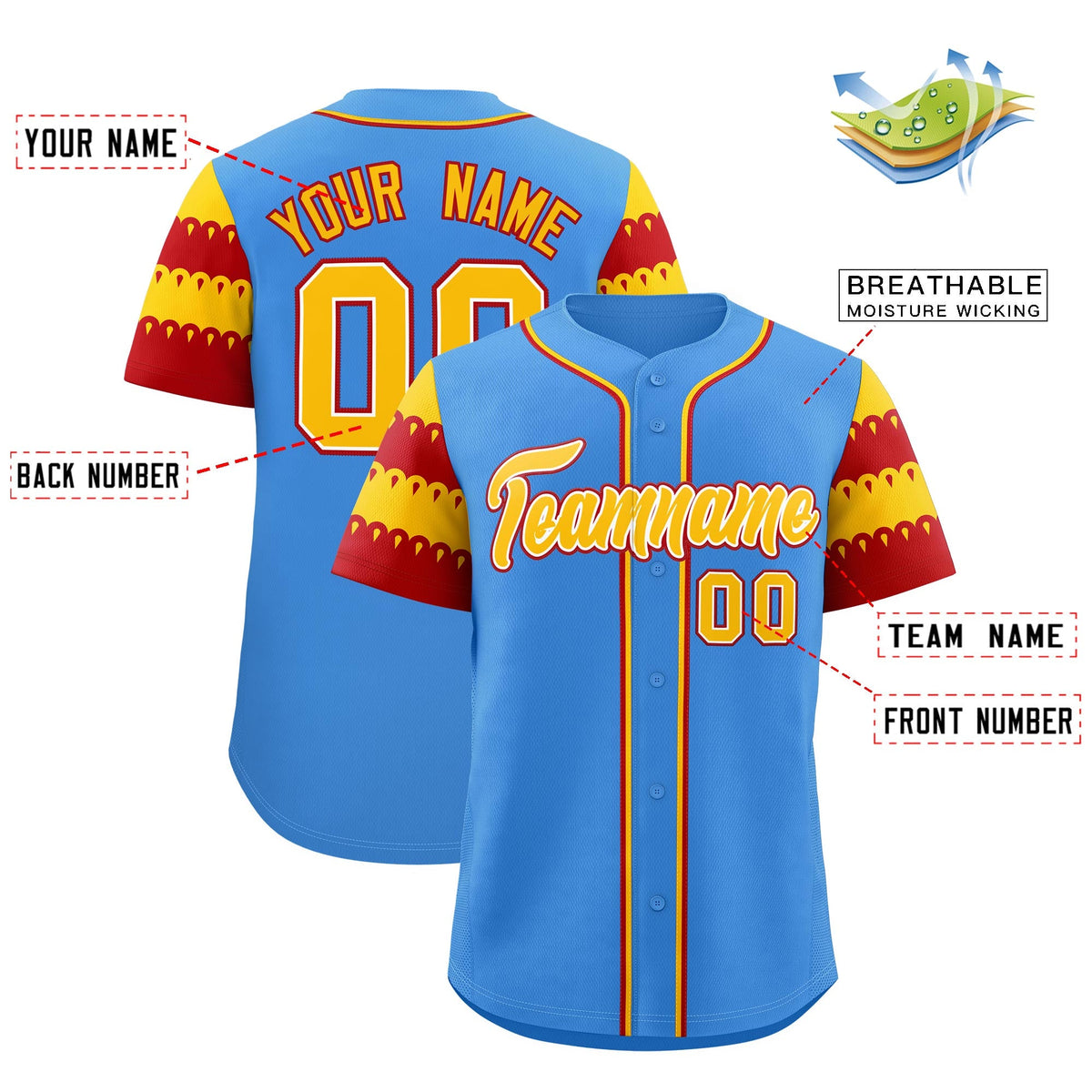 Custom Powder Blue Gold Red Sleeve Flag Lace Baseball Jersey | Sublimation Printed &amp; Embroidery,Add Name and Numbern,Perfect for Teams | KXKSHOP