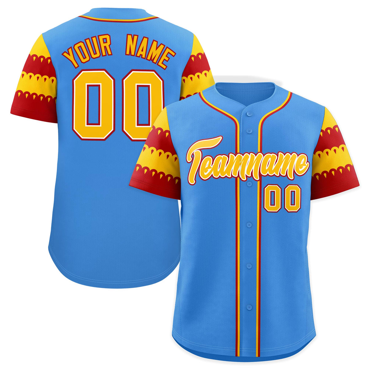Custom Powder Blue Gold Red Sleeve Flag Lace Baseball Jersey | Sublimation Printed &amp; Embroidery,Add Name and Numbern,Perfect for Teams | KXKSHOP